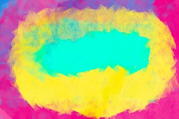 Colorful abstract design featuring vibrant blues and yellows with a central turquoise area on a lively pink background