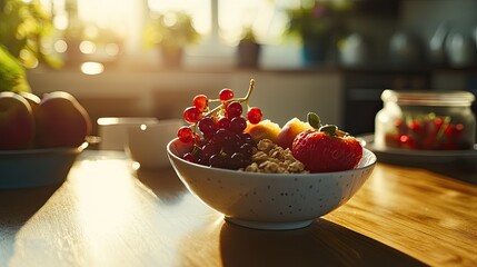 A sunlit breakfast scene featuring a blue bowl of granola topped with fresh raspberries and blueberries,