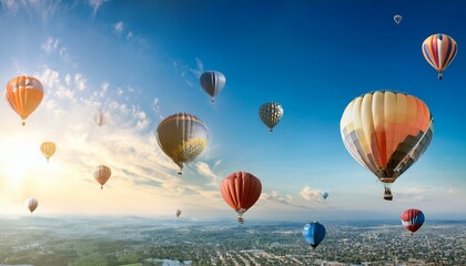 Obraz premium Bright balloons rise into the blue sky. 