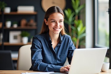 Cheerful Adult Woman Working on a Laptop in a Modern Office Environment, Surrounded by Indoor Plants and a Cozy Aesthetic