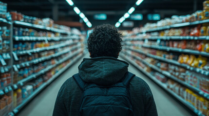 Fototapeta premium Person Browsing Through Aisles of a Market with Shopping Bags in the Background