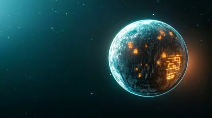 Fototapeta premium digital assets and ecosystem concept. Futuristic digital globe illuminated with glowing data elements in a dark space environment.