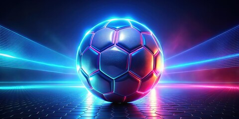 Naklejka premium Abstract glowing neon colored soccer ball over blue background