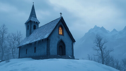 Charming Small Church Covered in Fresh Blanket of Snow in Winter Landscape