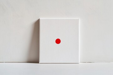 Minimalist art piece featuring a white canvas with a single red dot, set against a neutral background