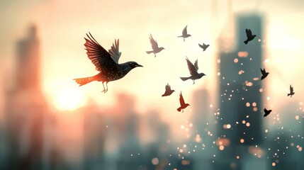 Fototapeta premium digital assets and ecosystem concept. A flock of birds flies against a glowing city skyline at sunset.