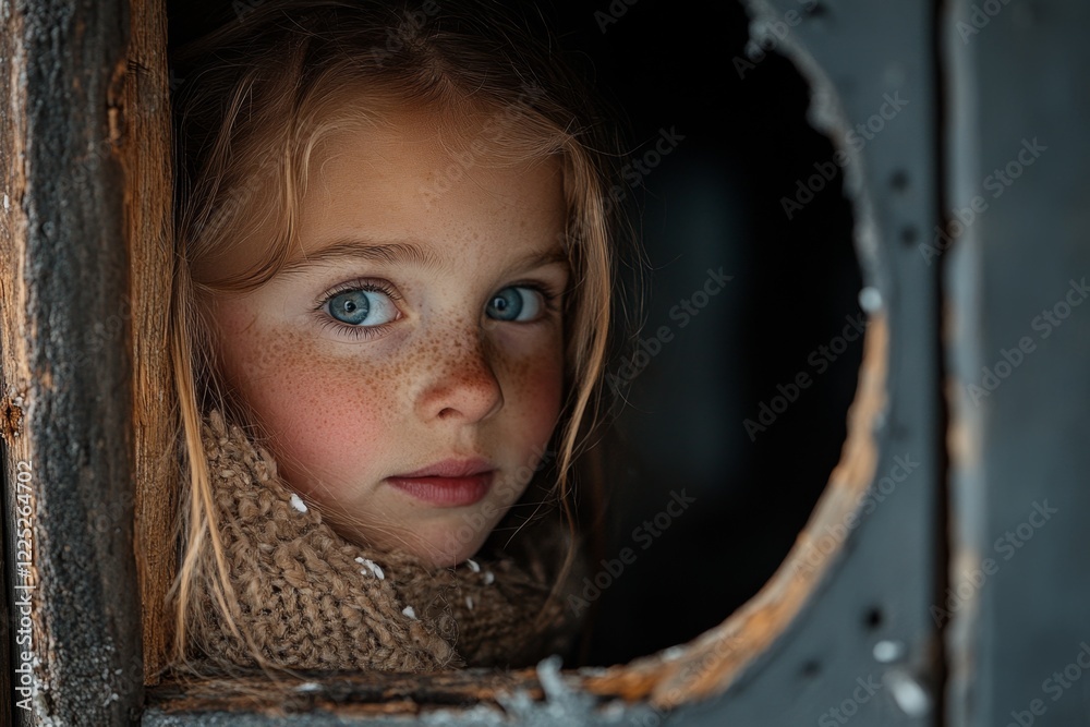 Poster A child peering around a corner, their face partially hidden and their expression wary as they observe something in the distance