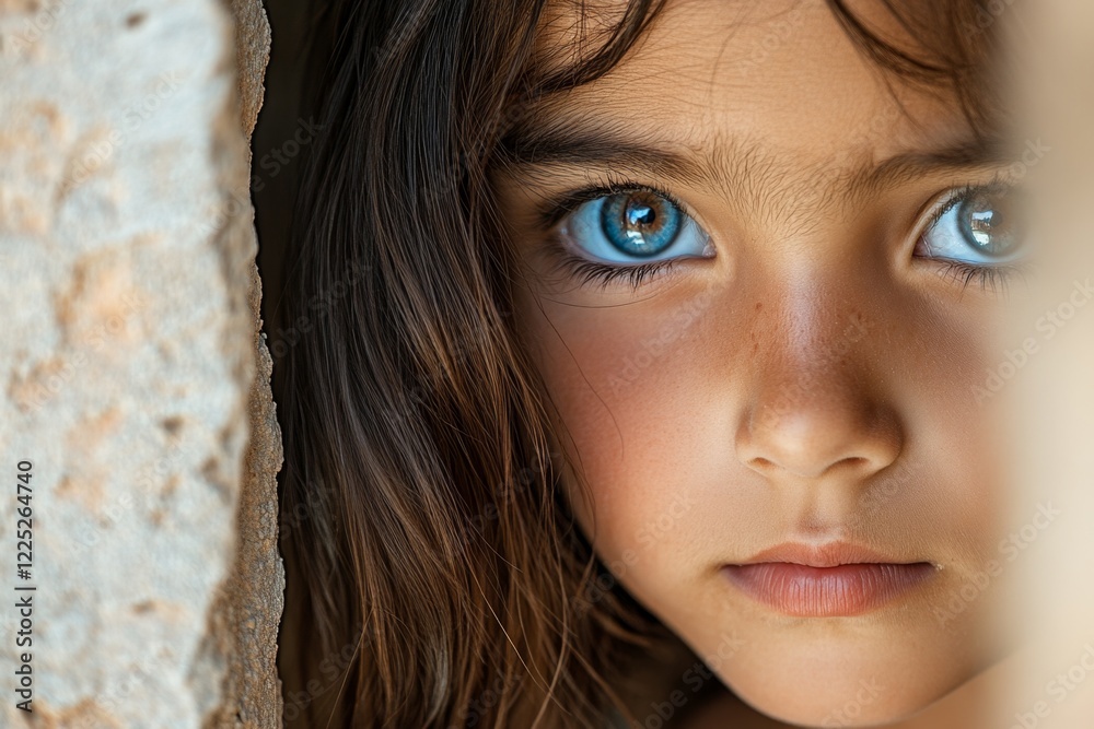 Poster A child peering around a corner, their face partially hidden and their expression wary as they observe something in the distance