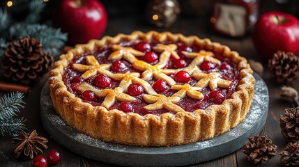 Festive cranberry pie, Christmas setting, wooden table