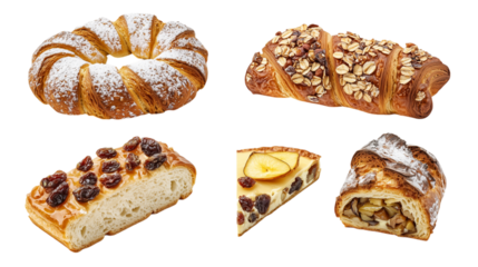 Collection set of Dessert food, sweet cake set, chocolate pastry from bakery, cupcake, cheese cake, brownies, cheese, fruit, croissants, cream. on transparent background