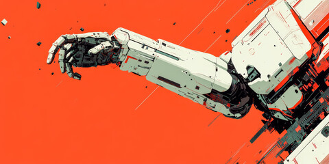 Futuristic robotic arm reaching out against vibrant red background with dynamic motion elements