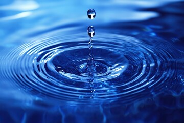 Water drop falling into blue liquid creating ripples and splash in a macro close up shot