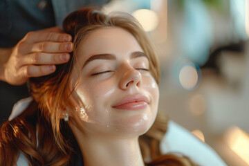 Fototapeta premium Gentle facial massage is taking place, with male hands skillfully applying soothing movements to a woman's face, helping her unwind in a tranquil spa environment.