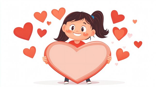 Adorable Girl Holding Candy Heart with Blank Banner for Customized Text - Cute and Playful Image for Graphic Designs and Marketing Purposes