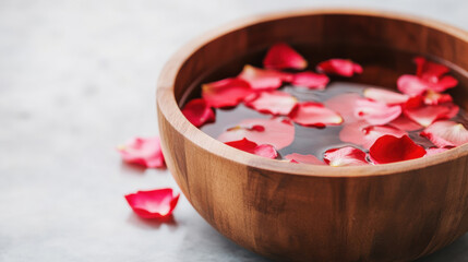 Relaxing foot spa with wooden basin and rose petals floating on water