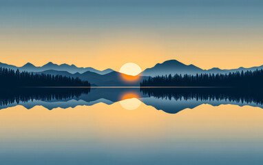 Naklejka premium Captivating sunset over tranquil lake surrounded by mountains and trees