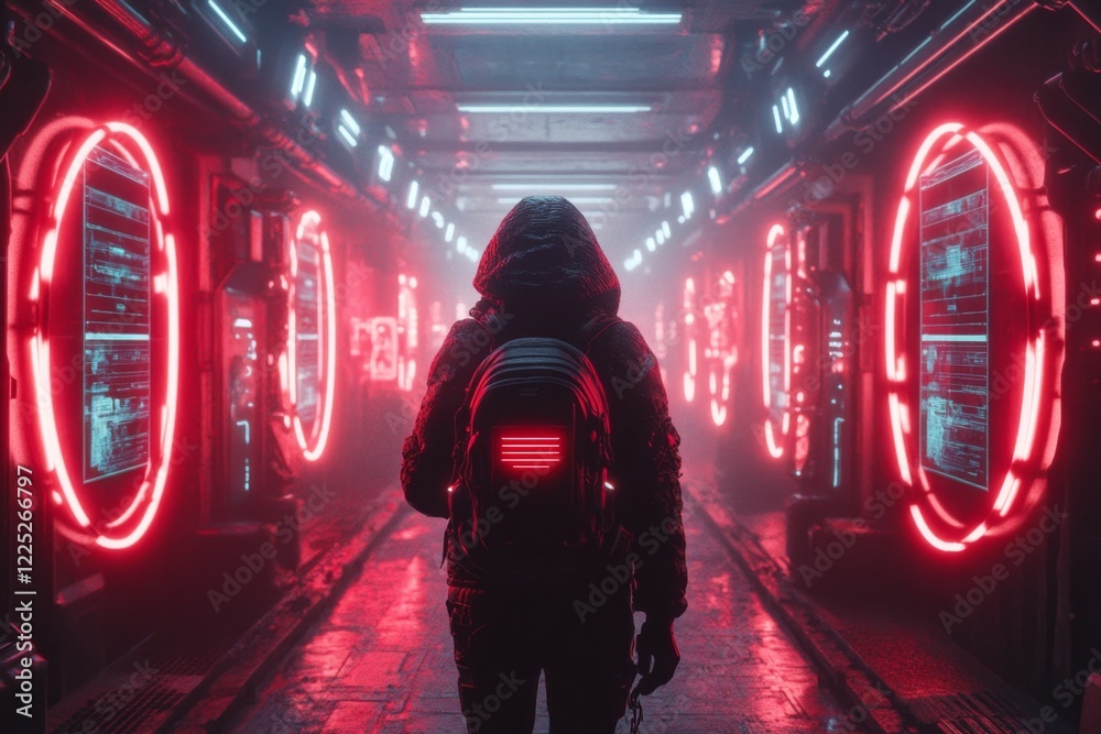 Poster a cyberpunk-inspired illustration of a person navigating a neon-lit career path, surrounded by holog