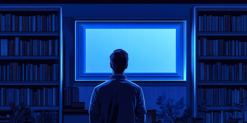 Individual gazes at a glowing screen in a dimly lit room filled with books