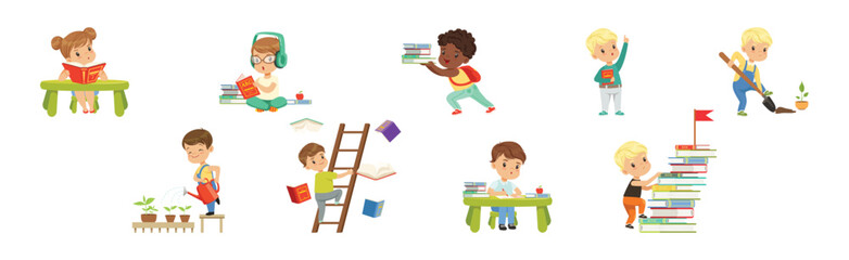 Funny Boy and Girl Study with Book and Learning Vector Set
