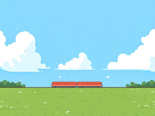 Bright red train travels through green fields under blue sky with fluffy clouds