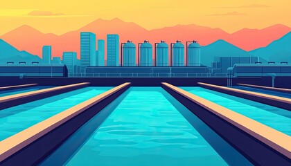 Obraz premium A vibrant cityscape at sunset, featuring reflective water channels and silhouetted mountains in the background.