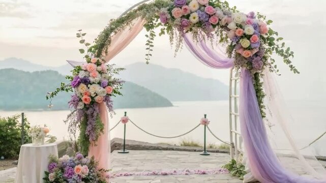 Romantic wedding arch with flowers by the lake