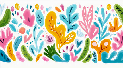 Fototapeta premium Abstract Colorful Floral Arrangement: A vibrant, hand-painted artwork featuring an array of stylized floral elements in a diverse palette of bright hues, ideal for home décor and artistic projects.