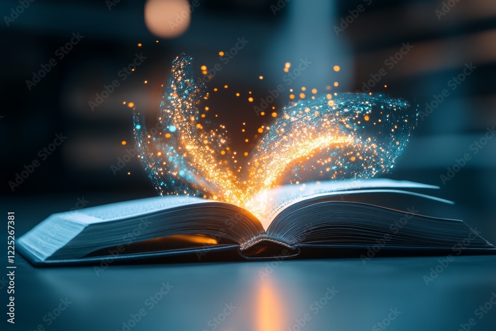 Poster a dramatic illustration of a dark library where a single open book glows brightly, casting light on 