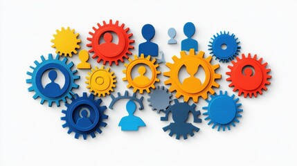 A network of gears and cogs shaped like a human brain, each gear representing different employee roles and skills, turning in harmony to signify well-planned workforce operations