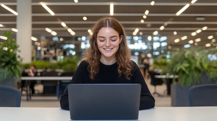 Young Woman Smiling While Using Laptop in Modern Workspace