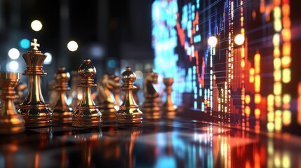 Stock exchange and investing strategy concept with golden and silver chessmen and digital virtual screen with financial chart candlestick and diagram on blurred background. 3D rendering