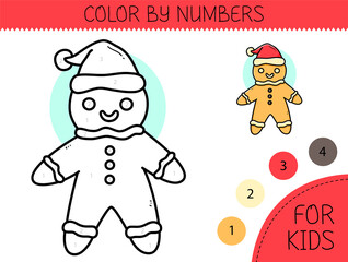 Color by numbers coloring book for kids with cute gingerbread man. Coloring page with cartoon gingerbread with an example for coloring. Black and white and color versions.