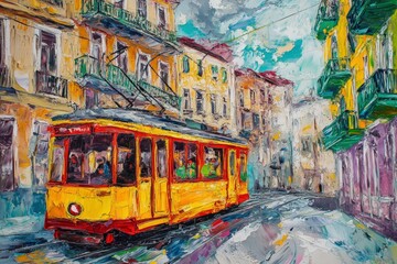 Obraz premium Yellow tram navigating through vibrant city streets with colorful buildings and a cloudy sky, illustrating urban transportation and cultural charm in city life.
