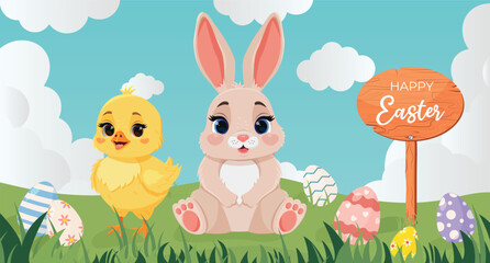 Horizontal poster with cute smiling bunny and chick sitting on meadow with different egg designs and wooden sign board Happy Easter. Vector Happy Easter banner with rabbit outdoors. Egg hunt game.