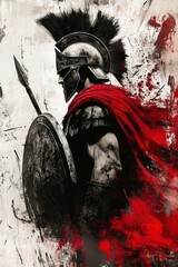 Warrior, ancient Roman soldier in armor with shield and spear, epic battle scene with dramatic red accents, representing strength, courage, and history.