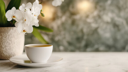 Luxurious spa setting with herbal tea and elegant white orchids