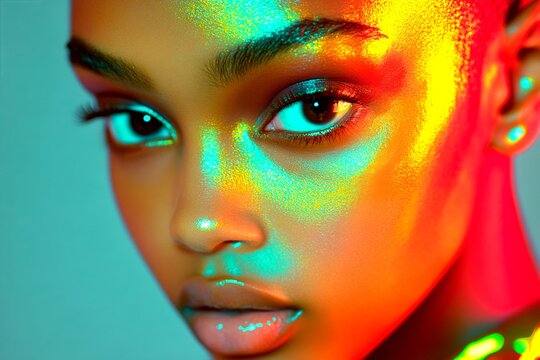 Lovely calm black girl - for ads, media and social networks use. Short haircut - bald head - no hair. Commercial commercial creative. Black woman concept art. Artistic black girl portrait.