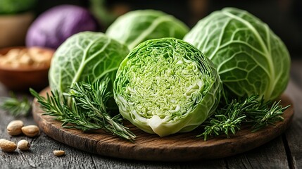 Fresh savoy cabbage, rosemary, nuts. Wooden table background.  Healthy food recipe