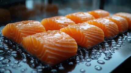 Fresh salmon fillets, steaming, restaurant kitchen, close-up