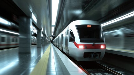 A blurred train speeds past a modern train station,