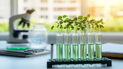 Close up of microgreens growing in test tubes, showcasing vibrant green plants