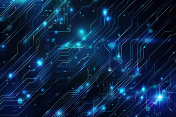Obraz premium A dark background filled with intricate electronic circuit patterns featuring glowing blue lights. Ideal for enhancing technology-related projects or digital presentations.