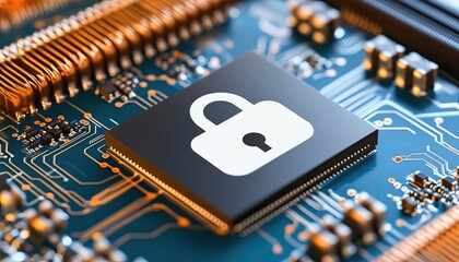A close-up of a microchip featuring a lock symbol, representing cybersecurity and data protection in technology.