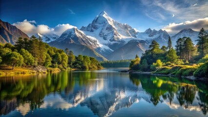 Snow-capped mountain peak in the Himalayas with a serene lake at its base and lush greenery surrounding it, Bergsteigen, Greenery