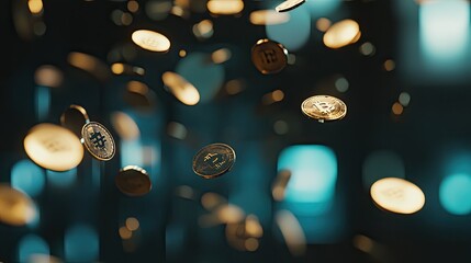 A dynamic scene featuring golden coins falling through the air,