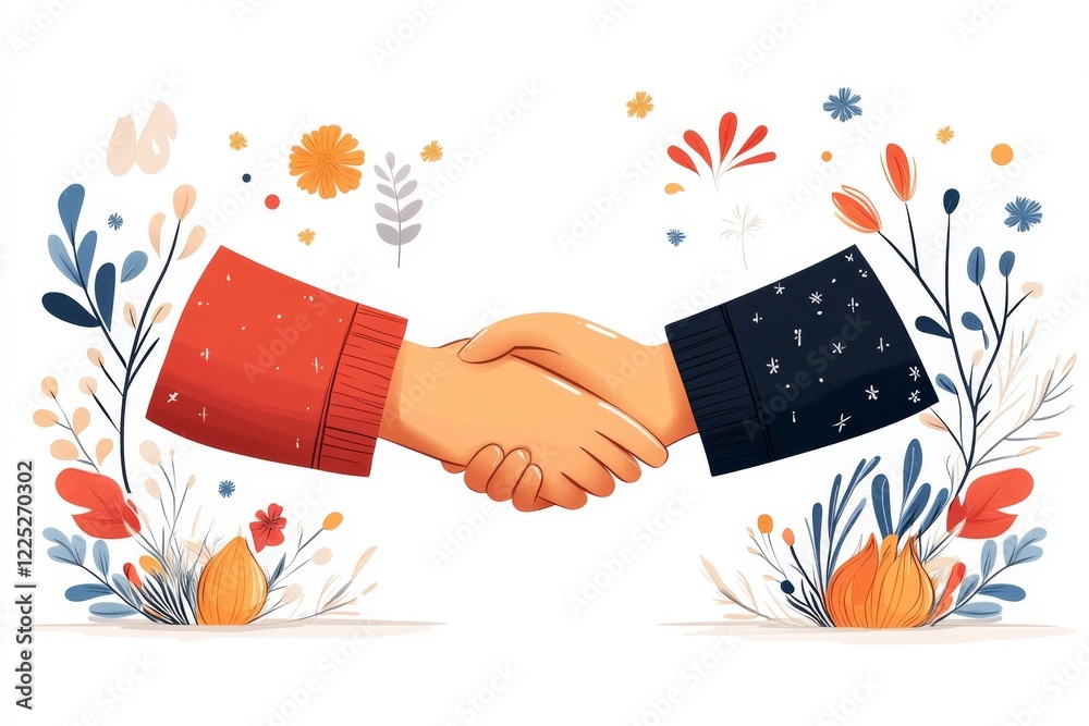 Poster a flat 2d illustration of two hands clasped together, surrounded by soft gradients and cheerful colo
