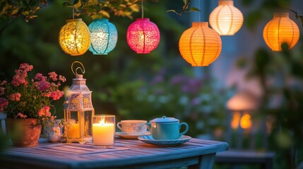 A cozy outdoor dining area illuminated by colorful paper lanterns in shades of orange,