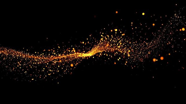 Glowing golden particles swirling in dark space. Magical abstract animation of sparkling light flow. Cosmic energy stream visualization for technology or science backgrounds
