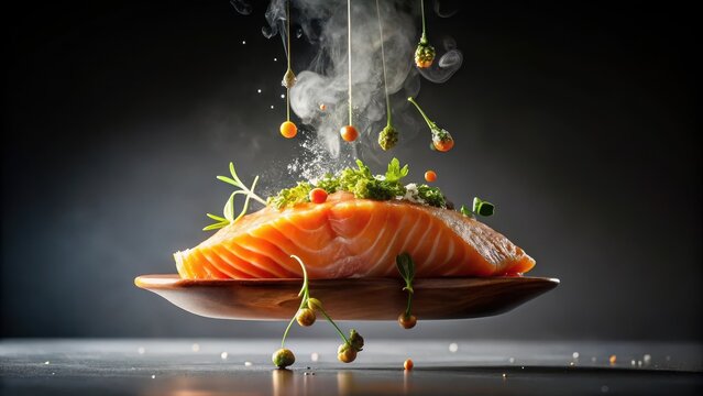Smoked salmon fillet suspended in mid-air with a molecular gastronomy-enhanced sauce dripping down its sides, food styling, molecular gastronomy