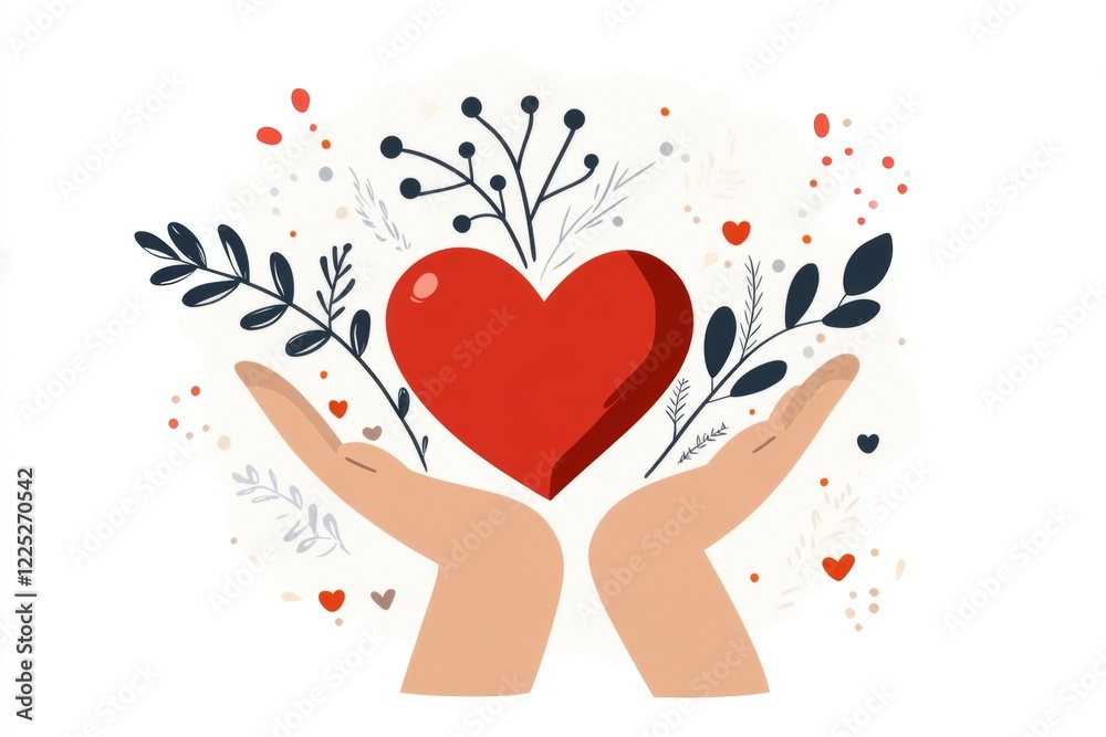 Poster a flat design of a hand holding a heart, with small abstract lines radiating from the hand to symbol